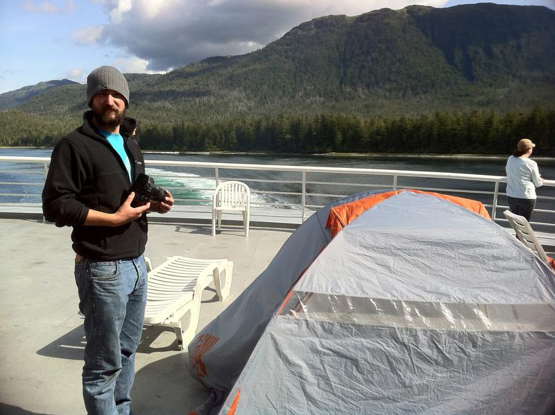 Upper deck Gregg and his tent. -- M/V Columbia Alaska Marine Highway